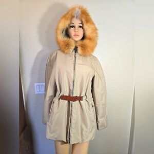Max Mara Womens Beige Fur-Trimmed Hooded Jacket Size 4